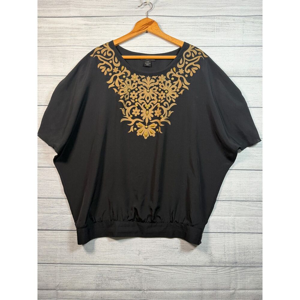 Lane Bryant Women's 14/16 Black Gold Embellished Dolman Blouse Top 4349